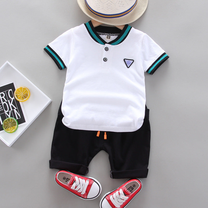 Summer Children Boys - Summer Children's Boys' Handsome Casual Stand Collar Two-button Triangle Mark Short-sleeved Shorts
