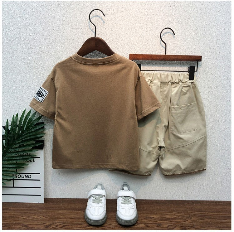 Boys And Girls Solid Color Bear Print Armband T-shirt Short Sleeve Two-piece Set - Boys & Kids dresses - Baby's World (view