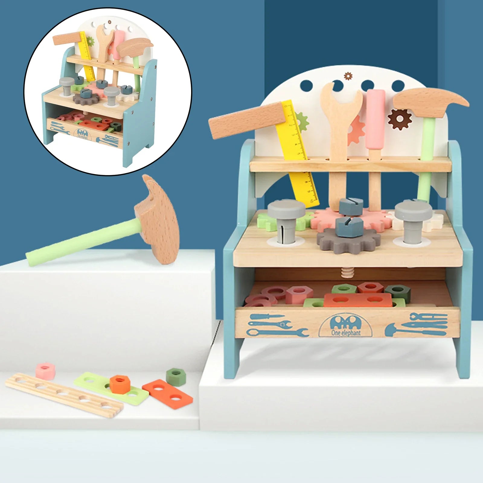 Wooden Tool Bench Simulation DIY Multifunctional Children Repair Play Tool Set for Kids 3 4 5 Year Old Girls Boys Children Gifts