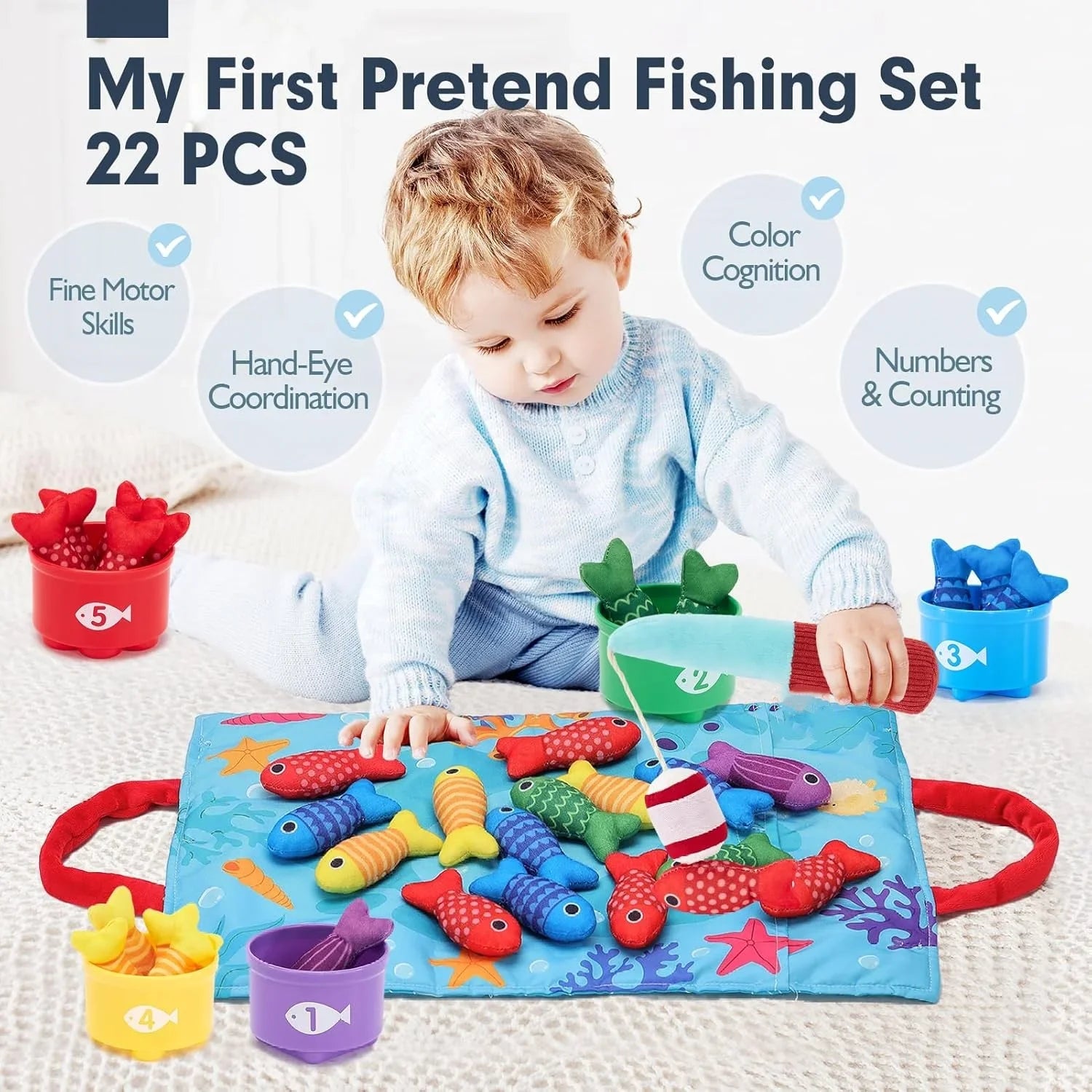 Montessori Toy for Todders Cloth Fishing Game with Stacking Cups Color Sorting Early Education Toy Number Counting Math Toy Gift