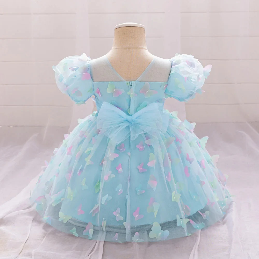 Toddler Girl Party Dress Colorful Gradient 3D Butterfly Prom Gown Girl Bow Lace Birthday Wedding Princess Summer Dresses Evening
