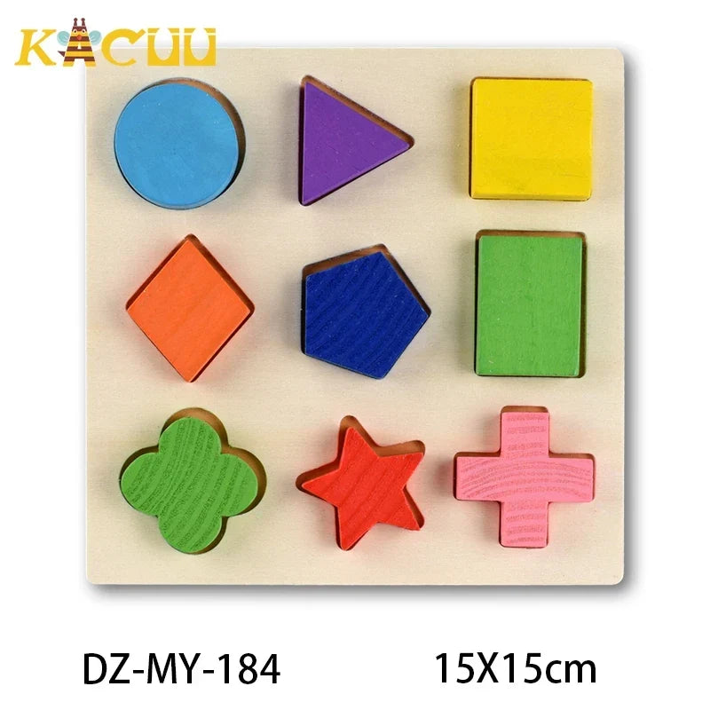 Montessori Wooden Puzzles Hand Grab Boards Toys Tangram Jigsaw Baby Educational Toys Cartoon Vehicle Animals Fruits 3D Puzzles