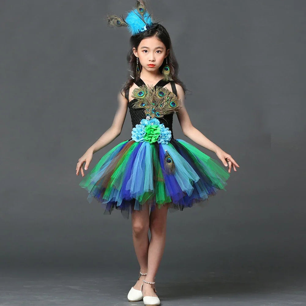Girl Peacock Flower Party Tutu Dresses for Halloween with Train Tulle Peacock Princess Children Party Evening Dress