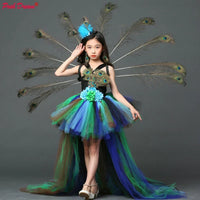 Girl Peacock Flower Party Tutu Dresses for Halloween with Train Tulle Peacock Princess Children Party Evening Dress