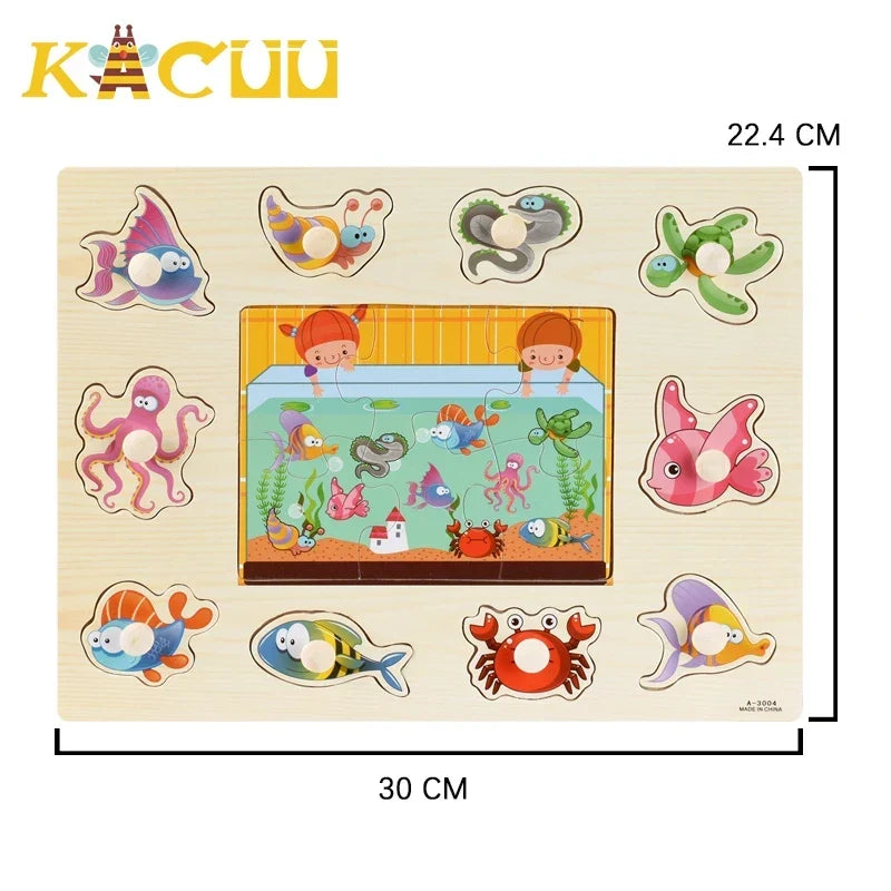 Montessori Wooden Puzzles Hand Grab Boards Toys Tangram Jigsaw Baby Educational Toys Cartoon Vehicle Animals Fruits 3D Puzzles