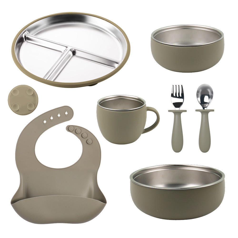 Factory New Product Baby Silicone Stainless Steel Tableware Set Creative Product 304 Stainless Steel Kidsren's Silicone Tableware Bowl