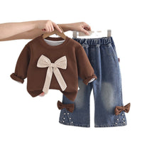 2026 Autumn New Three-Dimensional Bow Top and Denim Pants Set for 0-5 Years Old, Stylish Long-Sleeve Two-Piece Outfit