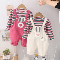 Foreign trade girls' spring and autumn striped suspender pants suit baby spring clothes baby children 2024 New sweater two-piece set