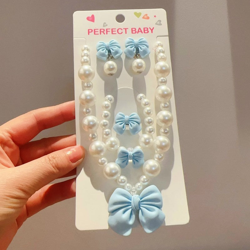 Children's Necklace Set, Cute Bow, Large Pearl Necklace, Bracelet, Ring, Earrings, a Set of Jewelry for Little Girls