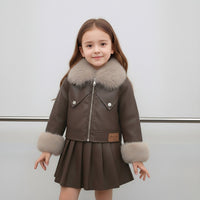 Rantuo Girls' Autumn and Winter Fleece-Lined Leather Jacket Set 2026 New Fashionable Children's Fur Collar Coat and Pleated Skirt Cross-Border