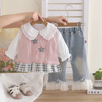 Children's clothing supply: Girls' autumn three-piece set includes a bow-knot knitted vest, lace-collar white shirt, and denim wide-leg pants