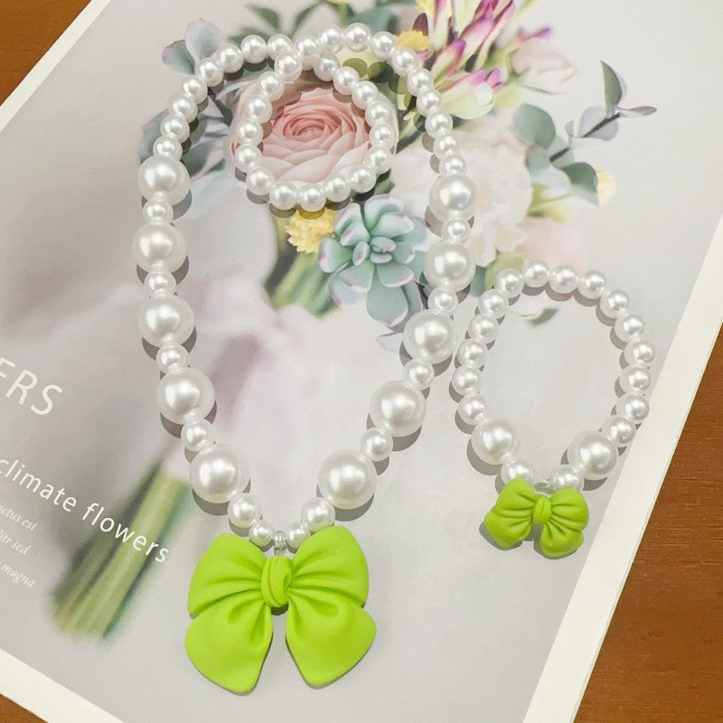Children's Necklace Set, Cute Bow, Large Pearl Necklace, Bracelet, Ring, Earrings, a Set of Jewelry for Little Girls