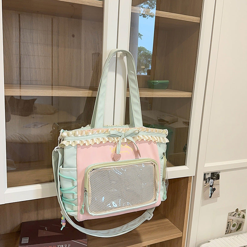New Style Schoolbag Women's High Color Value Contrast College Style Junior Senior high school Student Backpack Ballet Style Pleated Lace Pain Bag