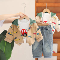 Free Shipping Boys Autum Suit New Little Boy Spring and Autum Car Hooded Jacket Baby Boy Autum Three-Piece Suit