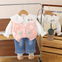 Spring 2025 New Girls' Sweater Vest Shirt Long Sleeve Three-Piece Set Female Baby Casual Denim Trousers suit