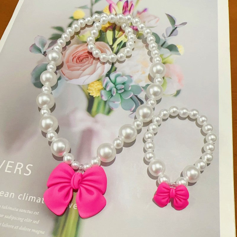 Children's Necklace Set, Cute Bow, Large Pearl Necklace, Bracelet, Ring, Earrings, a Set of Jewelry for Little Girls
