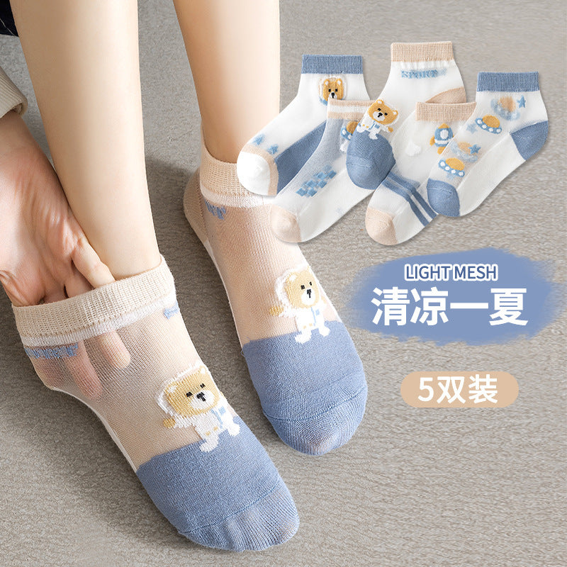 Children's Socks Spring and Summer Ice Silk Thin Mesh Socks for Boys and Girls Full Cartoon Cotton Boat Socks Baby Socks Wholesale
