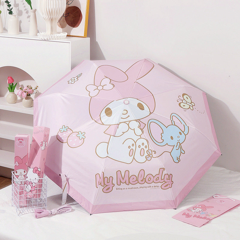 Sanrio official cute cartoon tri-fold automatic umbrella gift box, dual-use for sunny and rainy days, rainproof and sunshade, high-value and adorable.