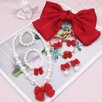 Children's Necklace Set, Cute Bow, Large Pearl Necklace, Bracelet, Ring, Earrings, a Set of Jewelry for Little Girls