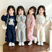 Korean-Style Ins Cat-Themed Girls' Outfit, Spring and Autumn Children's Bow Sweatshirt and Wide-Leg Pants Two-Piece Set, Export Children's Clothing