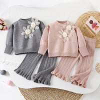 Girls' Sweater Set Autumn and Winter New Style Two-Flower Knitted Sweater Dress Baby Girl Korean Style Fashionable Knitted Pullover