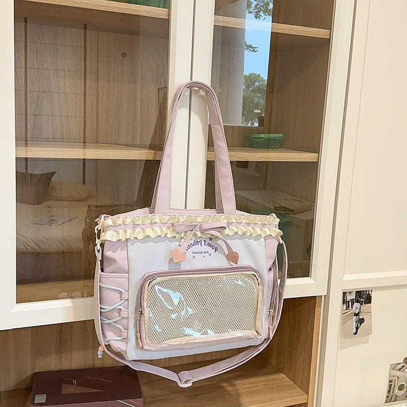 New Style Schoolbag Women's High Color Value Contrast College Style Junior Senior high school Student Backpack Ballet Style Pleated Lace Pain Bag