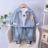 Free shipping boys' autumn plaid shirt long-sleeve three-piece set stylish and handsome children's trendy streetwear baby clothes