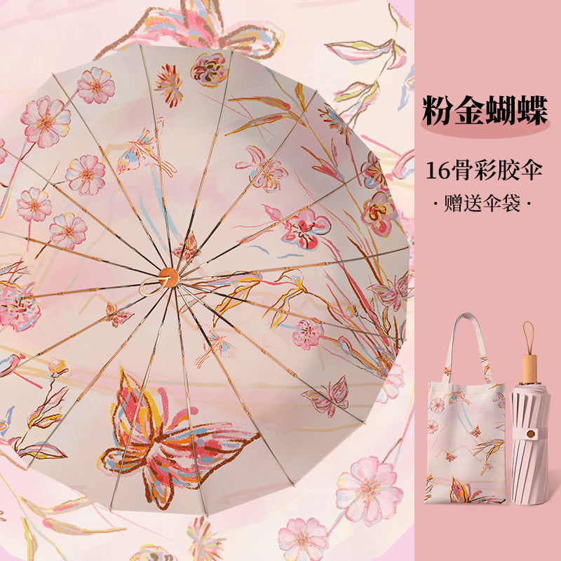 Vintage High-Appearance Student Manual  Three-Fold 16-Rib Sun Protection Uv-Resistant Dual-Use Umbrella for Sun and Rain, Foldable Sunshade Umbrella for Women