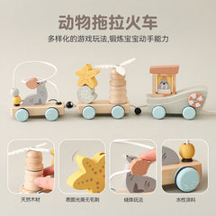 Children's Wooden Animal Drag Three-Section Small Train Baby Enlightenment Educational Toy Set Column Assembly Combination Train