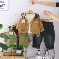 Boys' Spring Outfit Set 2026 New Stylish Children's Spring and Autumn Casual Plaid Hooded Three-Piece Set