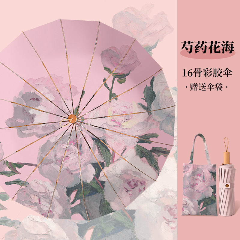 Vintage High-Appearance Student Manual  Three-Fold 16-Rib Sun Protection Uv-Resistant Dual-Use Umbrella for Sun and Rain, Foldable Sunshade Umbrella for Women