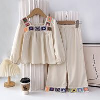 Cross-Border Children's Clothing for Girls, New Autumn Ethnic Style Embroidered Patchwork Long-Sleeve Top and Wide-Leg Pants Two-Piece Set in Stock