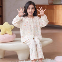 Cartoon Cute Style Girls Pajama Set with Cloud Pattern, Cotton Homewear for Spring and Autumn, Long-Sleeve Top and Long Pants, Lightweight Kids Pajamas