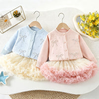 Girls' Sweater Dress Set for Autumn and Winter, New Pearl Bow Knit Cardigan, Korean Style Fashionable Puffy Princess Dress for Baby Girls