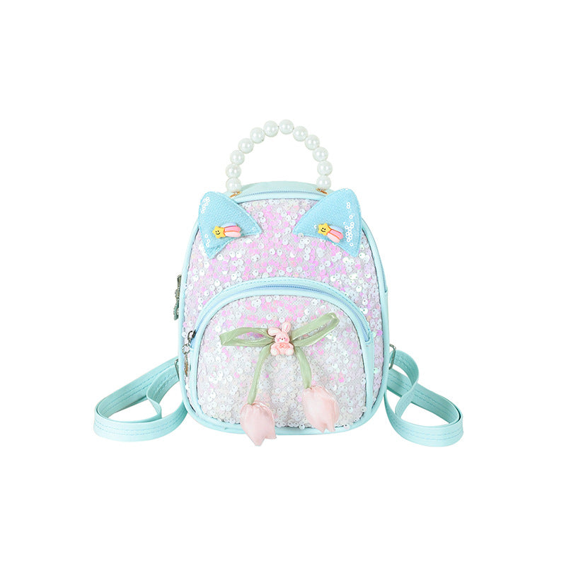 Children's Sequin Bag with Cartoon Bow, Stylish Princess Pu Accessory Bag, Snack Bag, Travel Backpack for Girls Aged 3-5 Years Old