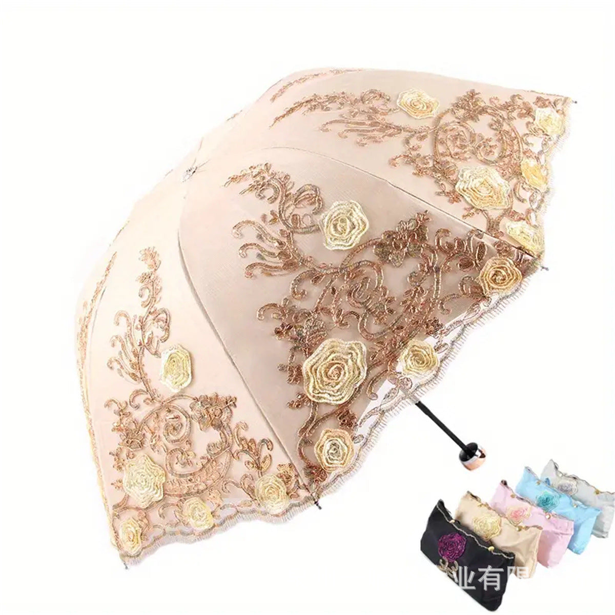 TEMU cross-border for manufacturers folding vintage embroidered lace double vinyl three-fold umbrella wedding umbrella