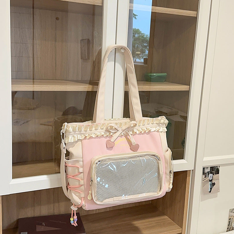 New Style Schoolbag Women's High Color Value Contrast College Style Junior Senior high school Student Backpack Ballet Style Pleated Lace Pain Bag