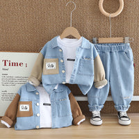 Children's clothing boys spring and autumn suit 2025 new fashionable baby contrast color Denim long sleeve three-piece set a generation of hair