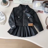 Girls' Autumn Leather Outfit Set, Korean Style Fashionable Biker Jacket and Short Skirt Two-Piece Set for Children