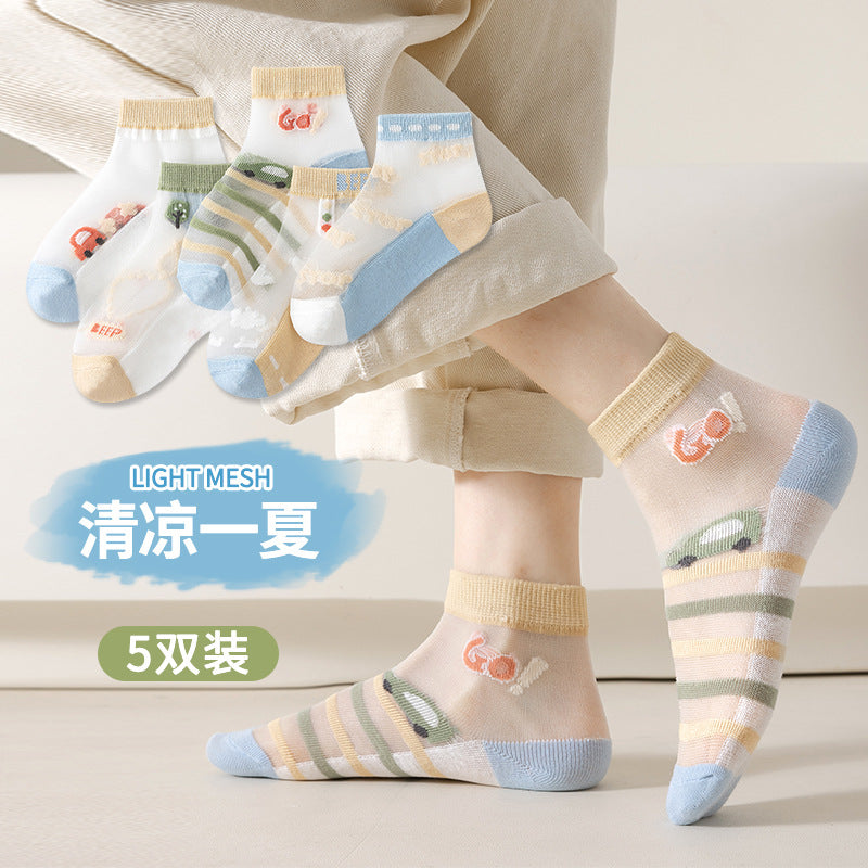 Children's Socks Spring and Summer Ice Silk Thin Mesh Socks for Boys and Girls Full Cartoon Cotton Boat Socks Baby Socks Wholesale