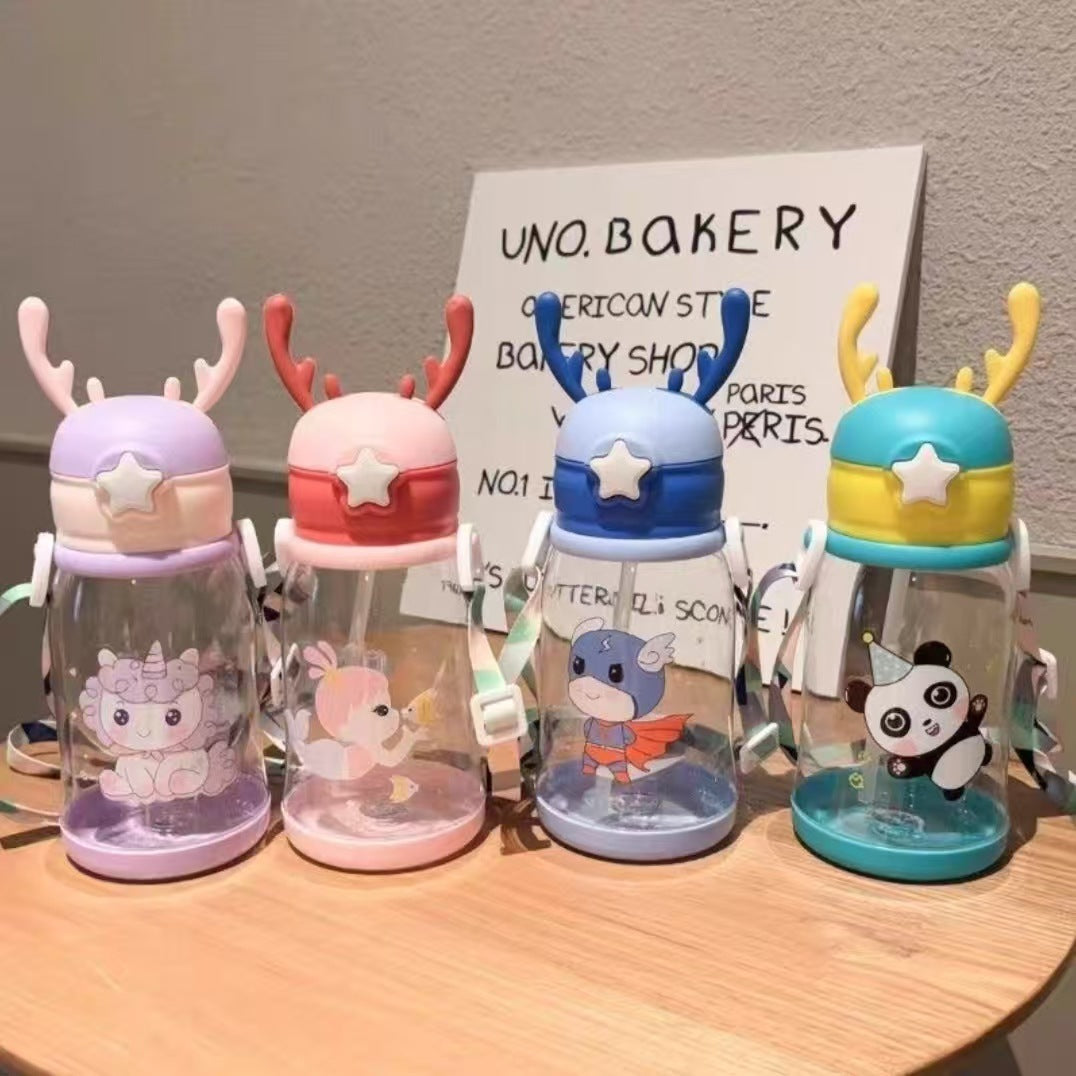 Cute Children's Straw Cup, Antler Cup, Plastic Cup, Summer Baby Water Cup, Portable, Anti-Fall, Wear-Resistant, Student-Specific