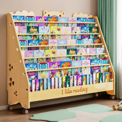 Solid wood children's bookshelf, floor-standing storage rack, kindergarten mobile wall-mounted display shelf, student wooden baby picture book stand