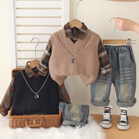 Boys Spring and Autum Suit 2025 New Baby V Neck Sweater Three-Piece Set Kidsren's Clothing Korean Style Shirt Trendy Delivery