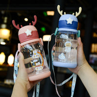 Manufacturer Wholesale Internet Celebrity Antler Cup Summer Outdoor Portable Strap Plastic Water Cup Children's Cartoon Straw Cup Customization
