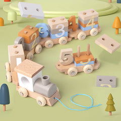Young Children's Wooden Early Education Enlightenment Digital Color Cognition Assembled Building Blocks Dragging Train Educational Toys