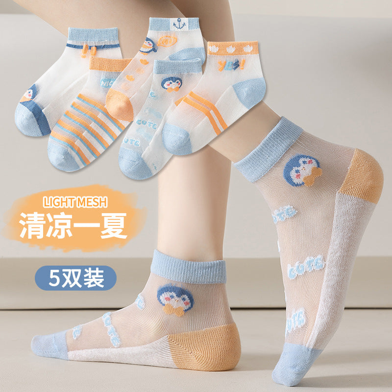 Children's Socks Spring and Summer Ice Silk Thin Mesh Socks for Boys and Girls Full Cartoon Cotton Boat Socks Baby Socks Wholesale