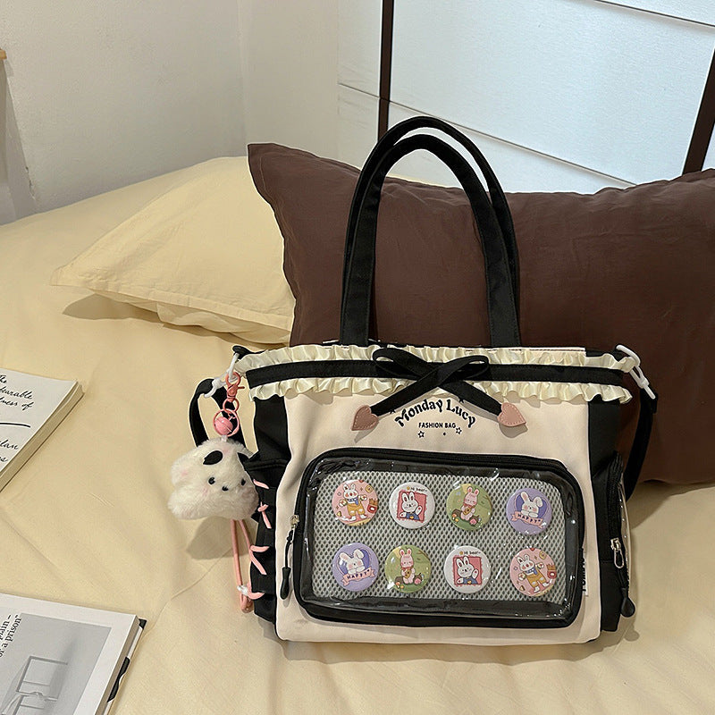 New Style Schoolbag Women's High Color Value Contrast College Style Junior Senior high school Student Backpack Ballet Style Pleated Lace Pain Bag