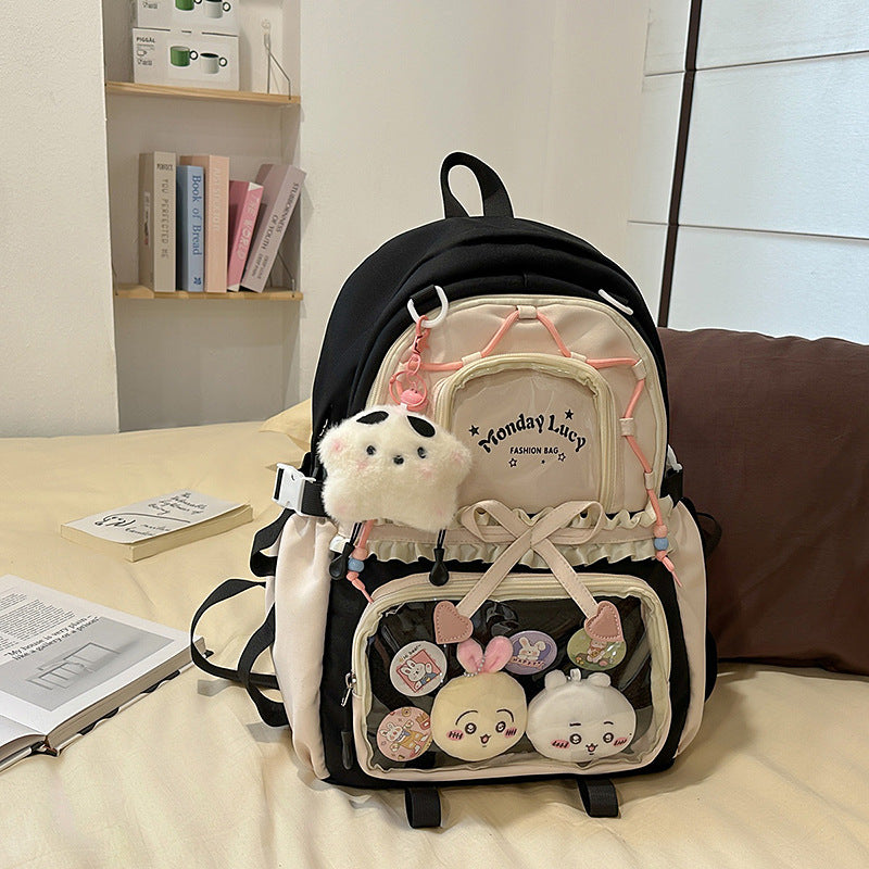 New Style Schoolbag Women's High Color Value Contrast College Style Junior Senior high school Student Backpack Ballet Style Pleated Lace Pain Bag