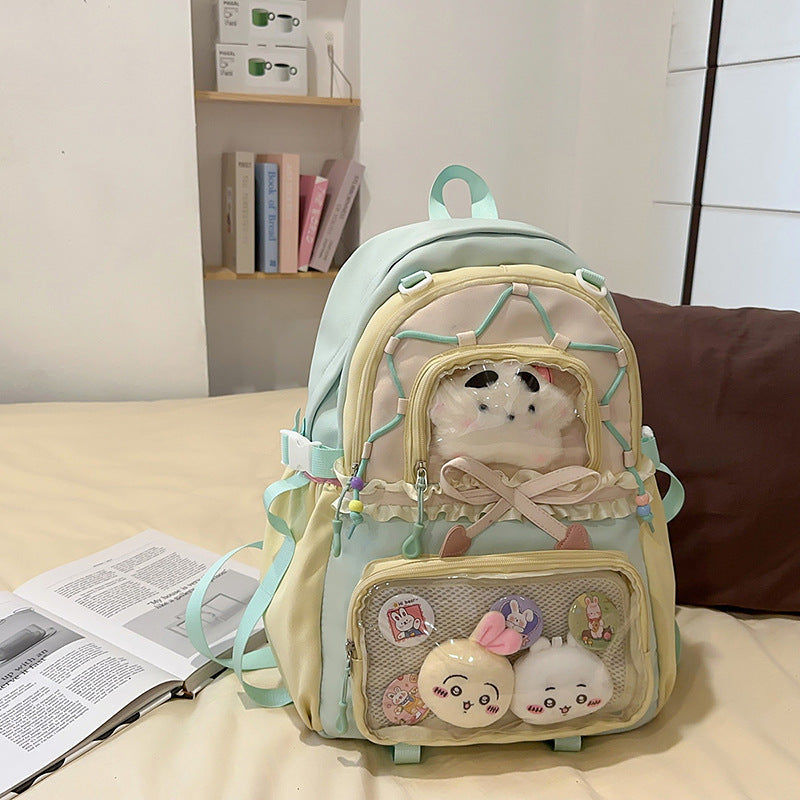 New Style Schoolbag Women's High Color Value Contrast College Style Junior Senior high school Student Backpack Ballet Style Pleated Lace Pain Bag