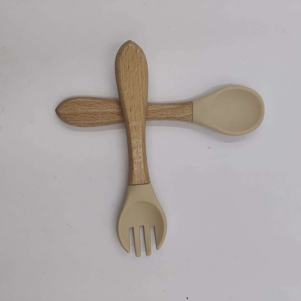 Manufacturer Aliexpress Cross-Border Ready-Stock Children's Eating Training Spoon Wooden Handle Fork Silicone Soft Spoon Silicone Wood Combination